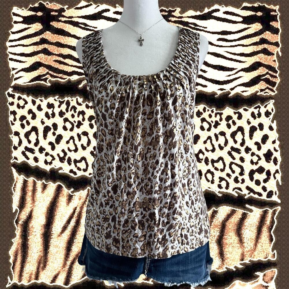 Leopard print sleeveless top with metallic gold accents